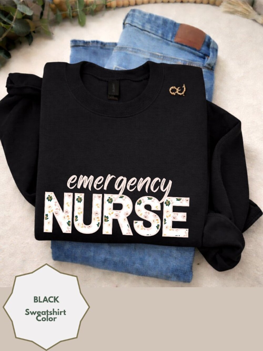 Floral RN Sweatshirt Emergency Nurse Crewneck Black Cozy Nurse Shirt Gift Womans